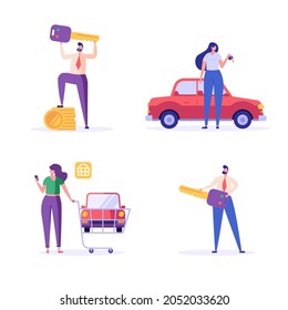 Set with people purchasing car. Happy clients buying new automobile. Vehicle rent. Concept of auto purchase, car buying, auto finance, leasing. Vector illustration in flat design for web banners, UI