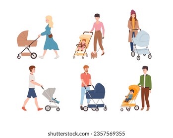 Set of people pushing baby stroller, flat vector illustration isolated on white background. Men and women walking with children in baby carriages. Infants transportation and parenthood concepts.