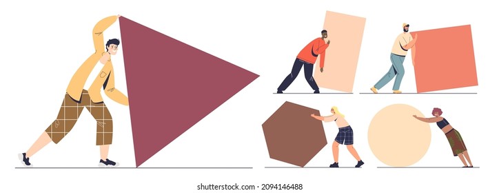 Set of people pushing shapes triangular, square, hexagon to achieve goal. Effort and challenge in achievement concept. Cartoon flat vector illustration