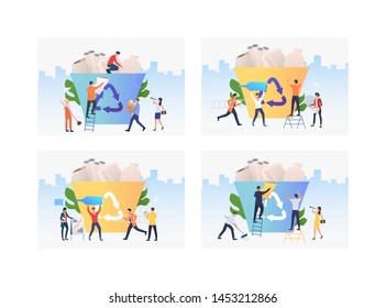 Set of people putting things to recycle bin. Group of men and women throwing garbage away. Waste products concept. Vector illustration can be used for presentation slide, new project, commercial