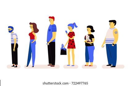 Set Of People. Queue. Line Of People. Vector Funny Illustration. Character Design