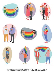 Set of people with rainbow LGBT flags on white background
