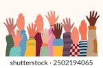 Set of people raised hands, open hands up of different types of skins, diversity people multiethnic race and community concept, Teamwork, collaboration, voting, volunteering concert, protest.