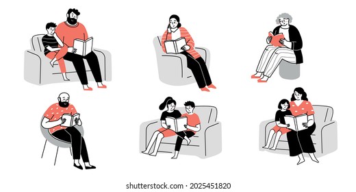 Permite a la gente leer libros. Mayores, la familia lee libros por todas partes. Amor, lee fans modernos de la literatura aislados de fondo blanco. Ilustración vectorial de dibujos animados planos.