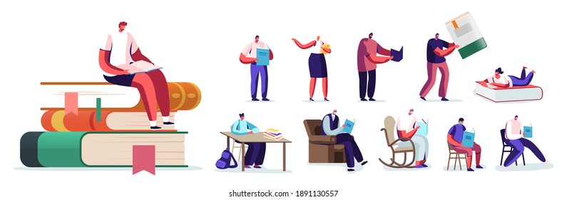 Set of People Read and Study, Prepare for Examination, Education, Gaining Knowledges. Male and Female Characters Reading, Sitting on Huge Books Pile, Rolling Chair at Home. Cartoon Vector Illustration