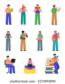 Set of people reading books, education concept. Man and woman standing with book. Flat design vector illustration