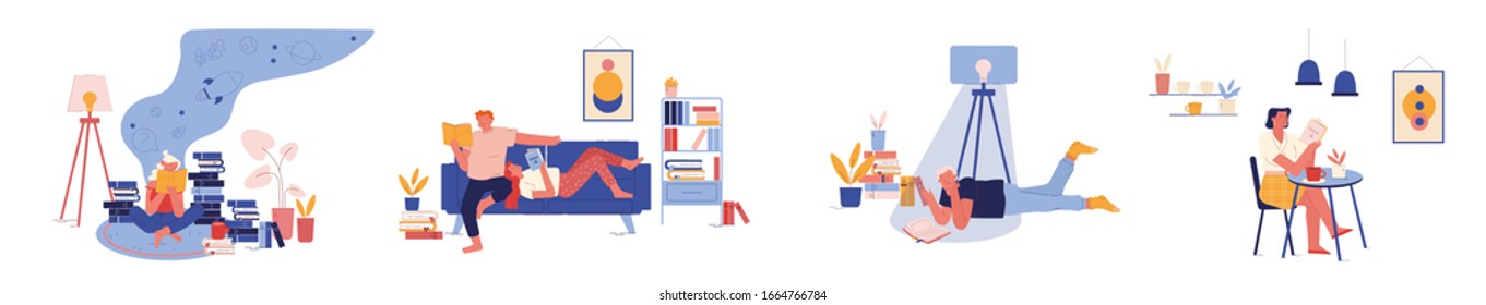 Set of People Reading Books. Happy Characters Weekend Sparetime at Home Isolated on White Background. Male Female Characters Spending Time Relaxing and Read Literature Cartoon Flat Vector Illustration