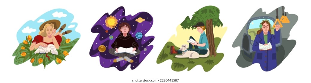 Set of people reading books and have leisure outdoor. Young woman read book at Green Park with flowers. Cartoon fairytale story of reader character in different genres in books. Vector illustration