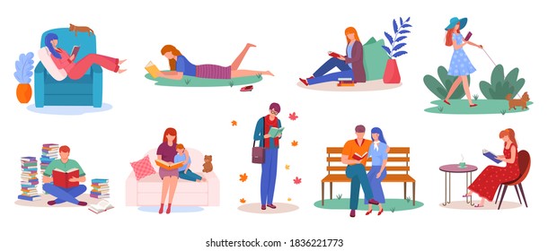 Set of people reading books isolated vector illustrations. People flat character with textbooks, magazines, newspapers on sofa or at table. Education and knowledge concept, study collection.