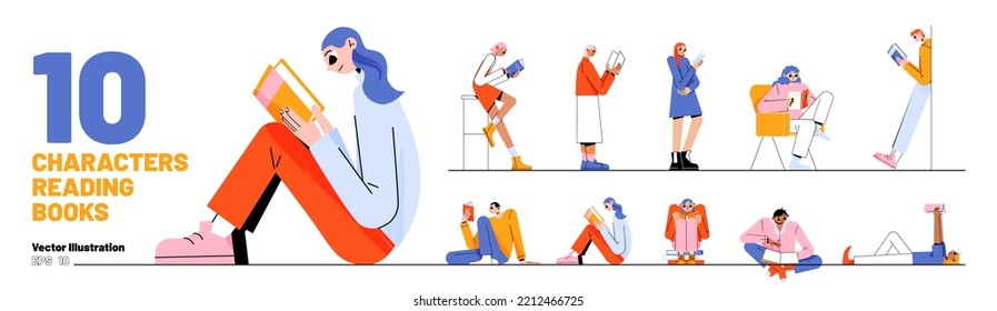 Set of people reading books standing, sitting and lying on floor. Male and female characters sparetime in club, home or library. Students read, prepare for exams, Line art flat vector illustration