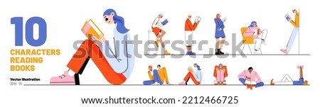 Set of people reading books standing, sitting and lying on floor. Male and female characters sparetime in club, home or library. Students read, prepare for exams, Line art flat vector illustration