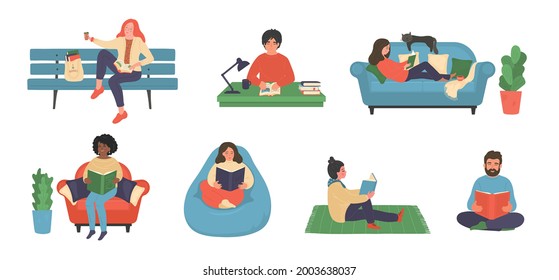 Set of people reading books.Women and men read books on bench, sofa, armchair, bagbean, at table and sitting on floor. Education concept. University students