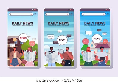 set people reading and discussing daily news chat bubble communication concept mix race men women walking outdoor smartphone screens collection portrait copy space horizontal vector illustration
