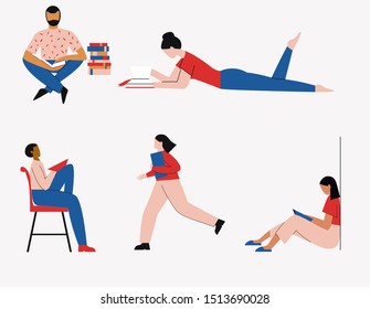 Set of people reading. Men and women with books in different poses, reading lying, sitting, running.. Flat vector illustration