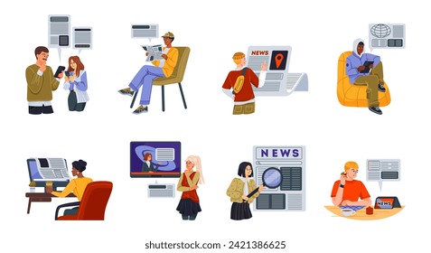 Set of people reading news. Men and women reading newspaper, watching TV news show and view online mass media on smartphone or computer. Cartoon flat vector illustrations isolated on white background