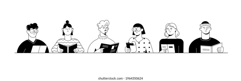 Un grupo de personas leyendo. Estudiantes estudiando y preparando un examen. Ilustración vectorial de estilo plano