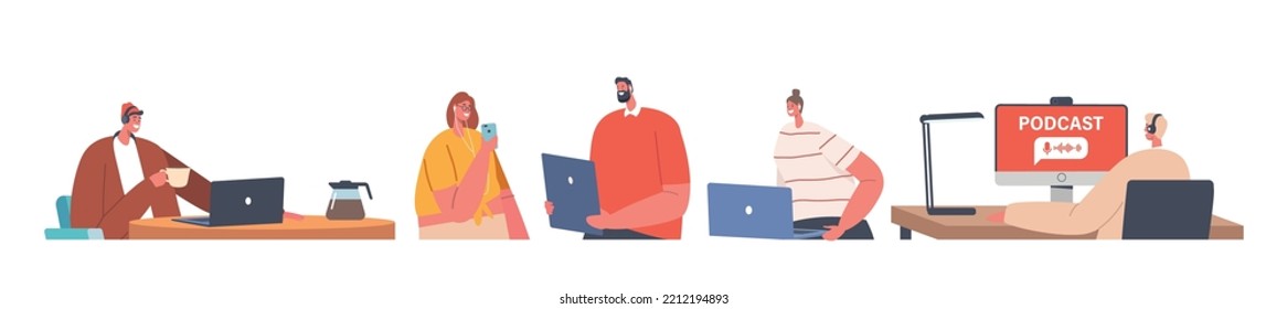 Set of People Record and Listen Podcasts, Audio Program Online Broadcasting Concept. Male and Female Characters with Headset and Laptops Listening Radio Audio Livestream. Cartoon Vector Illustration