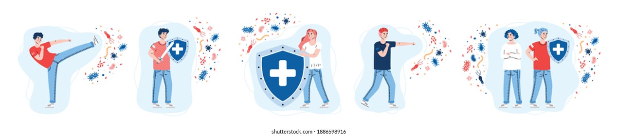 Set of people reflecting with viral attack by strong immune system, cartoon vector illustration isolated on white background. Immune system defence concept.