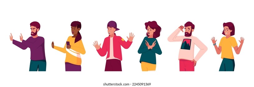 Set of People Refuse, Expressing Negative Emotions. Male and Female Characters Show Refusal or Stop Gestures with Open Hand Palm Communication, Disagree Feelings Gesturing. Cartoon Vector Illustration