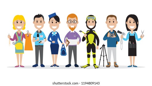 Set of people related to the different professions such as seamstress, journalist and others, vector illustration