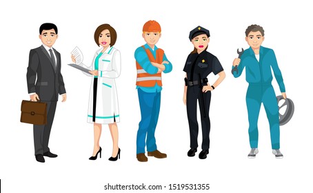 Set of people related to the different professions such as policeman, builder, businessman, doctor and auto mechanic, vector illustration