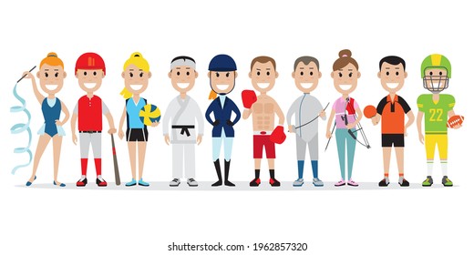 Set of people related to the different sports such as gymnastics, baseball, volleyball and others, flat vector illustration