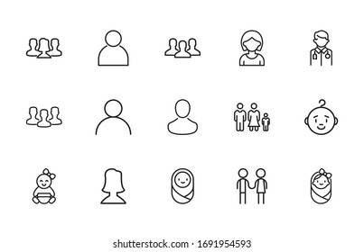 Conjunto de iconos de línea vectorial relacionados con personas. Paquete de símbolos lineales Premium. Ilustración vectorial aislada en un fondo blanco. Símbolos web para sitios web y aplicaciones móviles. Diseño moderno. 