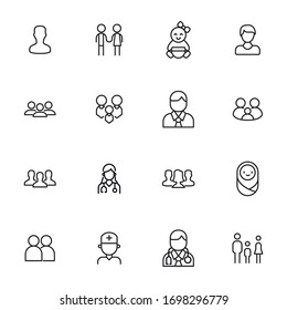 Conjunto de iconos de línea vectorial relacionados con personas. Paquete de símbolos lineales Premium. Ilustración vectorial aislada en un fondo blanco. Símbolos web para sitios web y aplicaciones móviles. Diseño moderno. 