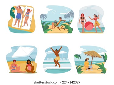 Set People Relax on Summer Beach. Male and Female Characters on Holidays Vacation. Couple Tanning on Mat, Man Work on Laptop, Girls Eat Watermelon and Playing Ball. Cartoon Vector Illustration