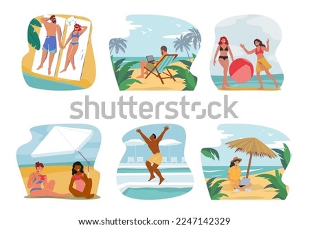 Set People Relax on Summer Beach. Male and Female Characters on Holidays Vacation. Couple Tanning on Mat, Man Work on Laptop, Girls Eat Watermelon and Playing Ball. Cartoon Vector Illustration