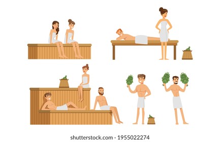 Set of People Relaxing in Hot Sauna, Men and Women Bathing with Bath Broom in Banya Cartoon Vector Illustration