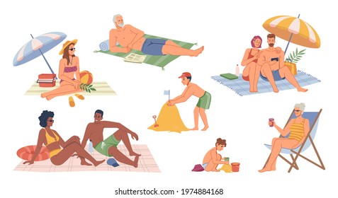 Set of people relaxing on beach isolated flat cartoon characters. Vector afro american man and woman sunbathing, child building sandy castles, couple sitting under umbrella, granny drinks cocktail