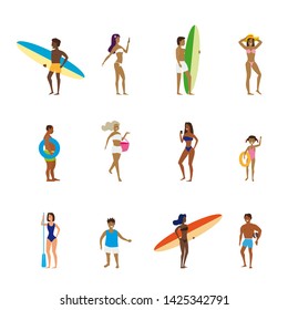 Set of people relaxing performing summer outdoor activities at beach - sunbathing, walking, carrying surfboard, talking, walking. Trend flat cartoon characters isolated on white background. Vector