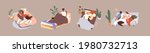 Set of people relaxing with pets on beds and sofas. Collection of men and women spending time, resting together with cats and dogs at home. Lazy day off. Isolated colored flat vector illustrations.