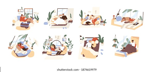 Set of people relaxing with pets on sofas and in beds at home. Male and female owners stroking cats and bunnies, sleeping with dog. Colored flat vector illustration isolated on white background