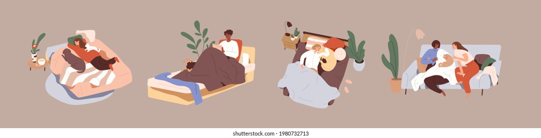 Set Of People Relaxing With Pets On Beds And Sofas. Collection Of Men And Women Spending Time, Resting Together With Cats And Dogs At Home. Lazy Day Off. Isolated Colored Flat Vector Illustrations.