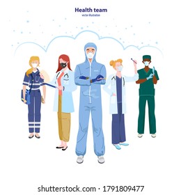 A set of people from relevant important professions during the coronavirus pandemic. Doctor, laboratory assistant, surgeon, emergency nurse, therapist, infectious diseases doctor in a protective suit.