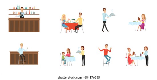 Eine Gruppe von Leuten im Restaurant und in der Bar. FLat und Cartoon-Stil. Verschiedener Hintergrund.  Vektorgrafik.