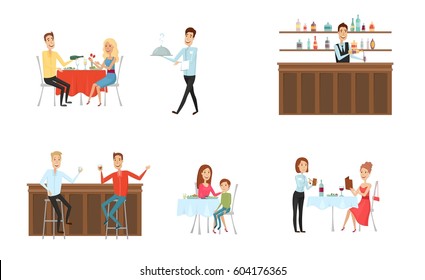 Set of people in restaurant and at the bar. FLat and cartoon style. Different background. Vector illustration.