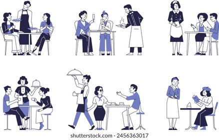 Set of people in a restaurant, cafe. People place an order to the waiter, wait for service, and communicate with each other.