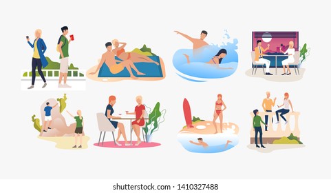 Set of people resting at resorts and enjoying summertime. Men and women walking, meeting, swimming. Vector illustration can be used for presentation slide, advertisement, business
