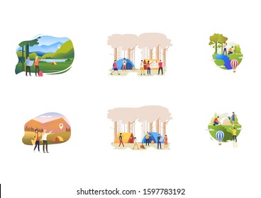 Set of people resting and taking care of plants at nature. Flat vector illustrations of people at camp, watering plants, hiking. Travel concept for banner, website design or landing web page