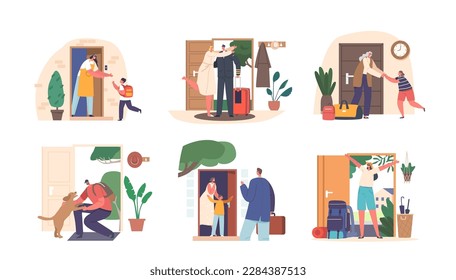 Set People Returning Home. Mother Meet Little School Boy, Owner and Dog, Pilot with Luggage, Grandmother and Grandchild
