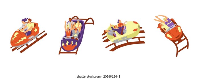 Set of people ride rollercoaster in amusement park, flat vector illustration isolated on white background. Teenagers are having fun with differents emotions, fear, happiness and excitement.