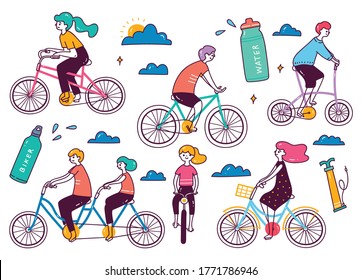 Set Of People Riding Bicycle In Doodle Style Illustration