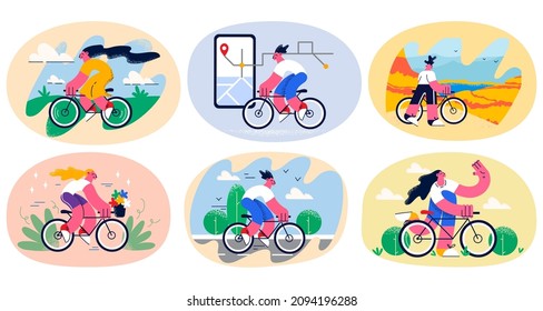 Set of people riding bicycle enjoy active hobby relax on summer weekend outdoors. Collection of men and women cyclist on bikes enjoy leisure time. Physical activity concept. Vector illustration. 