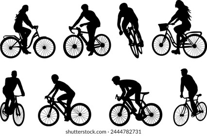 set of people riding bicycles silhouette on white background vector