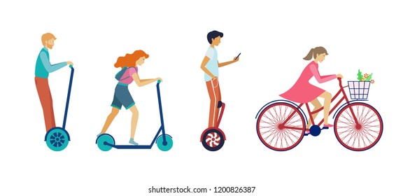 Set of people riding different ecological vehicles: bicycle, scooter, battery powered self balancing electrical scooter. character design, vector flat illustration.