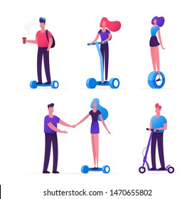 Set of People Riding Ecology Transport as Scooter Hoverboard Monowheel. Teenagers, City Dwellers Male and Female Characters Driving Different Eco Transportation. Cartoon Flat Vector Illustration