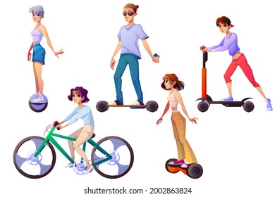 Set of people riding ecology transport bicycle, scooter, hoverboard and monowheel. Teenagers, city dwellers, men and women characters driving different eco transportation. Cartoon vector illustration